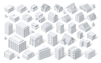 Isometric town buildings vector set