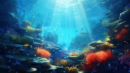 Fototapeta na wymiar Underwater Scene With Coral Reef Underwater Blue Tropical Seabed With Reef And Sunbeam