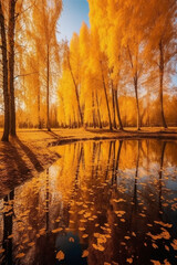 Stunning detail reflection of the golden and orange katsura trees around the natural round lake. AI generative