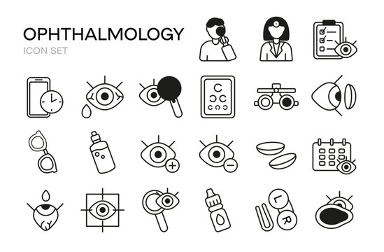 Ophthalmology line icons set. Vision test, choice of glasses, flat icons collection for laser vision correction. Oculist consultation. Vector illustration