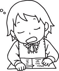 勉強中に居眠りする女子生徒線画