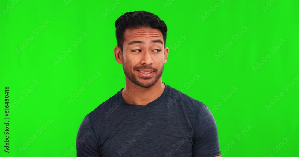 Poster confused, doubt and shrug with a man on a green screen background in studio for problem solving or u