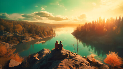 two people are hugging on top of a rock overlooking a lake