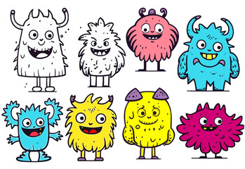 Cute Doodle Monster in Kid Simple Line Minimalist and Monochromatic in set of Vector. © devilkiddy