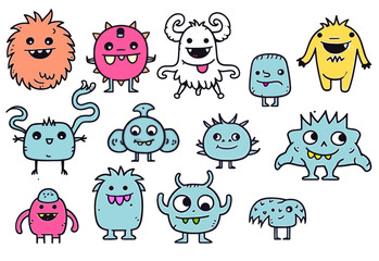 Cute Doodle Monster in Kid Simple Line Minimalist and Monochromatic in set of Vector.