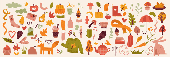 Big collection of autumn vector elements. Fall illustration