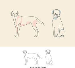 Standing dog, sitting labrador retriever. Continuous line art drawing style. Curious funny dog black linear sketch isolated on white background. Vector illustration. Isolated, freestanding graphic.