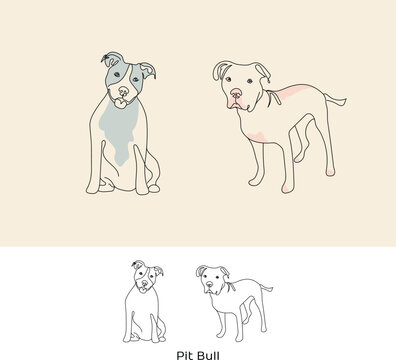 Front view of standing dog, sitting pitbull. Continuous line art drawing style. Curious funny dog black linear sketch isolated on white background. Vector illustration. Isolated, freestanding graphic.