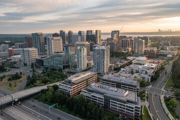 The City of Bellevue in Washington State Sunset With Dowtown Highrise in View from Above Drone...