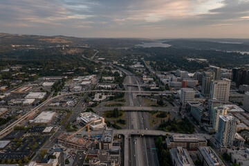The City of Bellevue in Washington State Sunset With Dowtown Highrise in View from Above Drone Aerial Shot