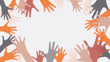 Background image of team work with illustration of many colorful hand discribe togertherness, group, meeting, team building in isolated copy space