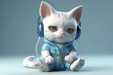 White cat with headphones listening to music illustration AI-Generated 