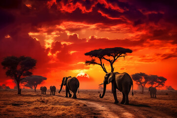Fototapeta na wymiar Vibrant colors of the African sunset. AI generative
