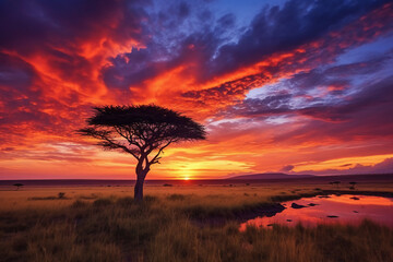 Obraz premium Vibrant colors of the African sunset. AI generative