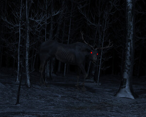 A sinister zombie horse cryptid with antlers and glowing red eyes in a snowy forest