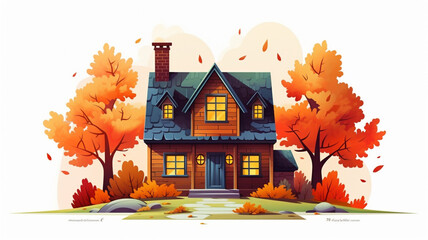 cartoon autumn house on white background in flat style, generative ai