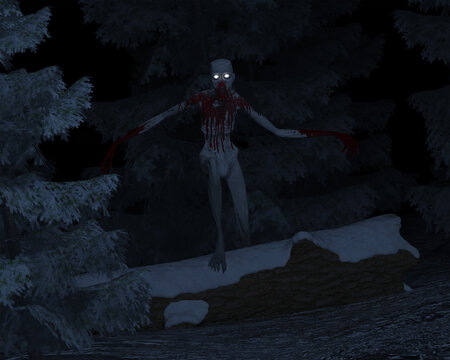 A Blood covered Wendigo cryptid in a snowy forest