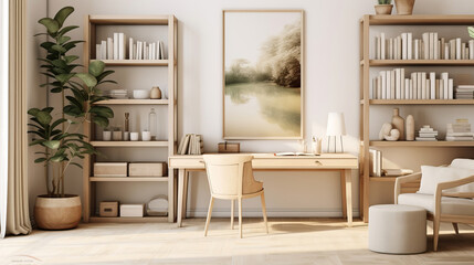 Cream beige bedroom with wooden bed, Mockups Design 3D, HD