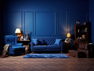 Dark blue Home Interior With Old Retro Furniture, Mockups Design 3D, HD