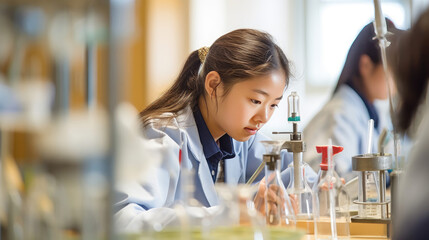 Female asian school student working on science project in laboratory