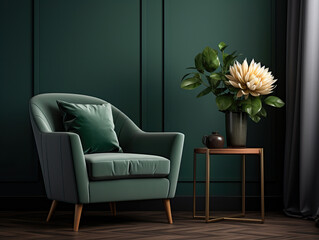 Home interior with armchair and flower dark green, Mockups Design 3D, HD