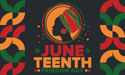 Juneteenth Independence Day. Freedom or Emancipation day. Annual american holiday, celebrated in June 19. African-American history and heritage. Poster, greeting card, banner and background. Vector