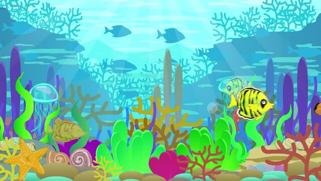 Animation of a seabed with various types of fish passing seaweed, starfish, seahorse, jellyfish, oysters, molluscs, aquarium.