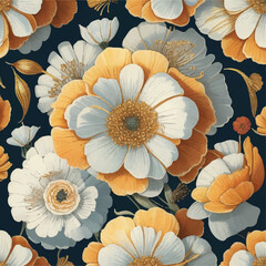 Seamless vector illustration of vintage flower pattern. Retro garden blooms