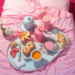 A still morning scene of a cozy bed adorned with elegant tableware and linens, laden with a variety of breakfast dishes and a cake, ready to be served and savored