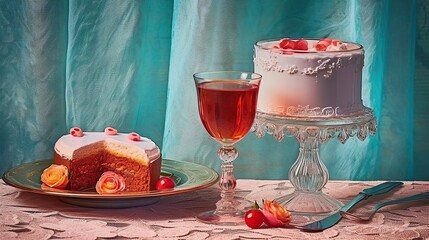 On a romantic candle-lit table, a decadent slice of strawberry cake is accompanied by a sparkling glass of rose wine, inviting one to indulge in a delicious feast for the senses
