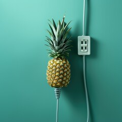 Pineapple with attached electrical outlet on a teal background. Green energy conceptual background. Ai generated illustration - obrazy, fototapety, plakaty