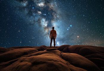 A captivating view of an individual's silhouette standing on a mountain. Night Sky Galaxy View.
