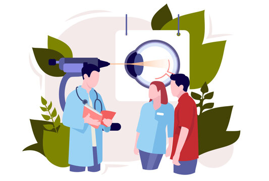 Ophthalmic medicine and optical examination of vision. The idea of eye care and vision. Ophthalmologist checks myopia. Correction of the patient's vision. Vector illustration
