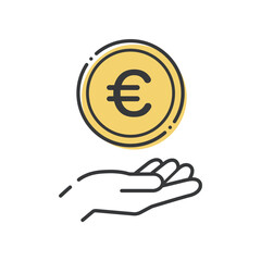 €の文字が入ったシンプルなコインと人の手のアイコン- ヨーロッパ諸国の通貨･ユーロのイメージ
