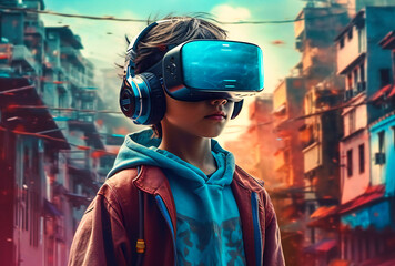 a kid wearing a virtual reality headset in front of a city