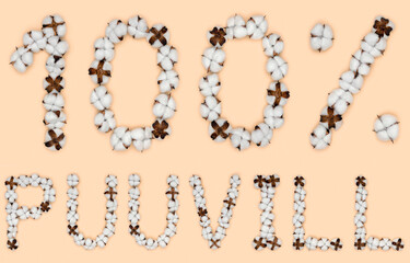 Lettering 100% puuvill from Estonian language means cotton, made of cotton flowers. Concept of organic raw material.