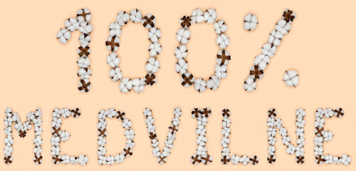 Lettering 100% medvilne from Lithuanian language means cotton, made of cotton flowers. Concept of organic raw material.