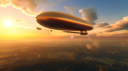 Naklejka na ściany i meble Aerial view of a zeppelin flying above land and sunset