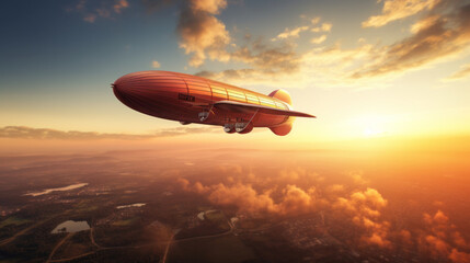 Aerial view of a zeppelin flying above land and sunset