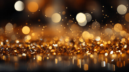 Fototapeta na wymiar Glitter background with dark gold color and sparks fall and sparkle in ray of light