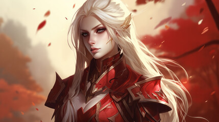 Illustration of a fantasy female blood elf in red armor - obrazy, fototapety, plakaty