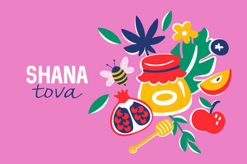 Jewish holiday Rosh Hashanah greeting card design with honey jar, apple and pomegranate. Childish print for background, banner or poster design