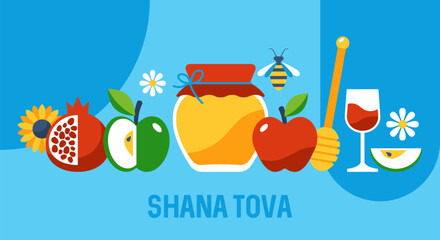 Jewish holiday Rosh Hashanah modern greeting card with honey jar, apples and pomegranate. Print for banner or poster. Vector illustration