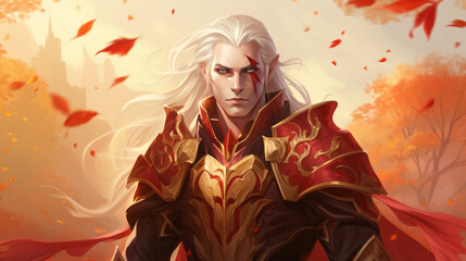 Illustration of a male blood elf fantasy character in red armor - obrazy, fototapety, plakaty