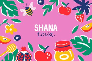 Jewish holiday Rosh Hashanah banner design with honey jar, apple, leaves and pomegranate. Childish print for background, greeting card or poster design