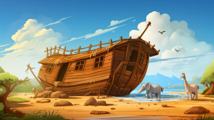 Cartoon illustration of Noah's ark myth with wood boat and animals