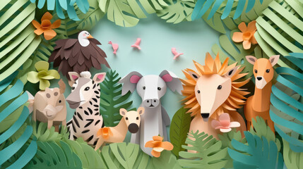 Paper Art and Origami Animal in the wild animals in the forest created with Generative AI Technology