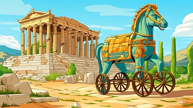 Cartoon illustration of Trojan horse myth in Troy city