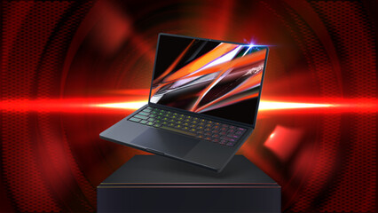 Thin gaming laptop with glowing RGB backlit keyboard vector illustration