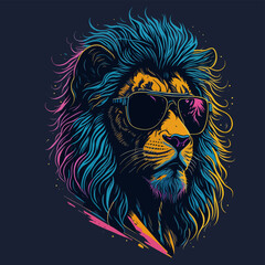 Obraz premium retro Lion Head with sunglasses vector illustration in graffiti sketch style for t shirt design, banner, poster, sticker